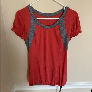 Y2K Lululemon Size 8 Athletic Ruffled Shoulder Coral and Gray Cinch Waist Top